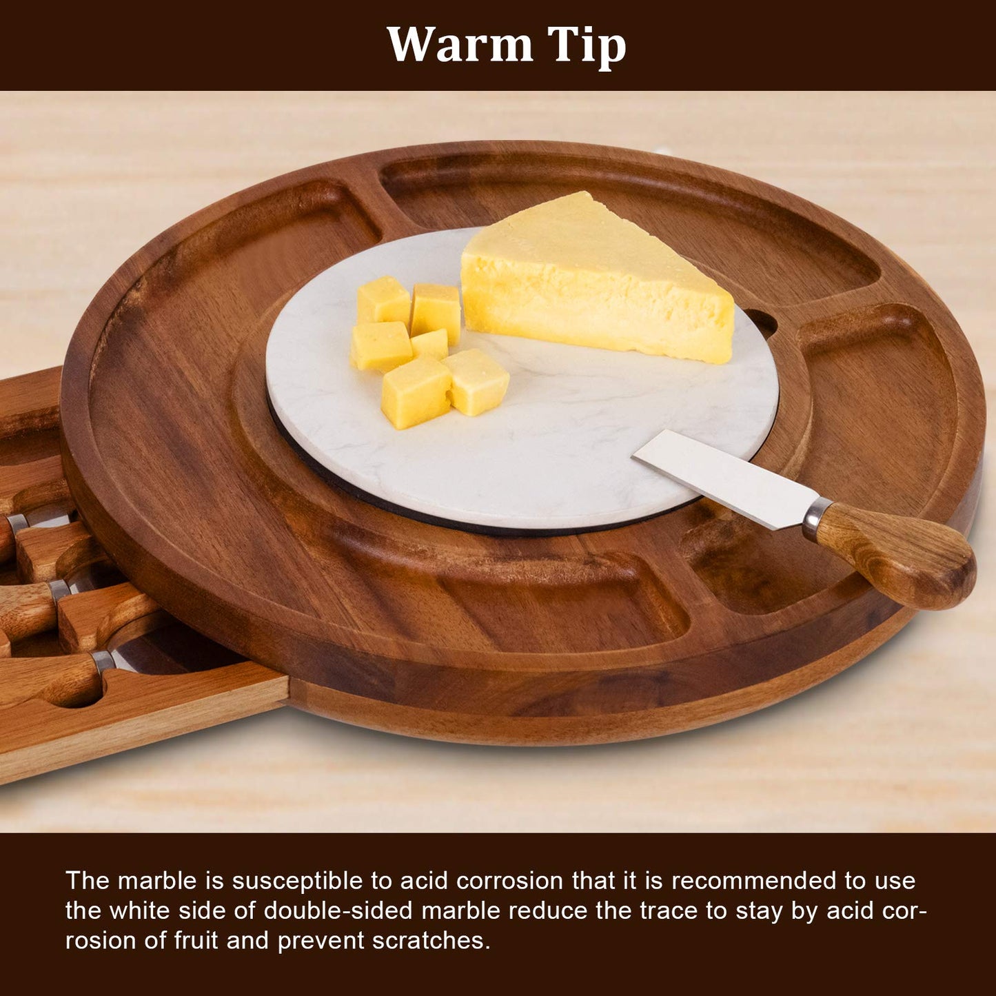 CTFT Cheese Board Set Charcuterie Boards Acacia Round Platter Serving Tray Charcuttery Meat Platter with Knife Set with Marble Plate Gifts for Mother’s Day Housewarming Christmas Wedding Anniversary