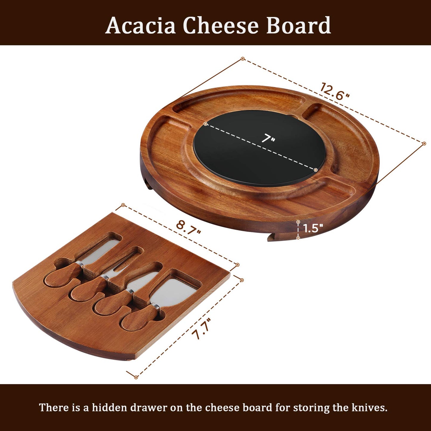 CTFT Cheese Board Set Charcuterie Boards Acacia Round Platter Serving Tray Charcuttery Meat Platter with Knife Set with Marble Plate Gifts for Mother’s Day Housewarming Christmas Wedding Anniversary