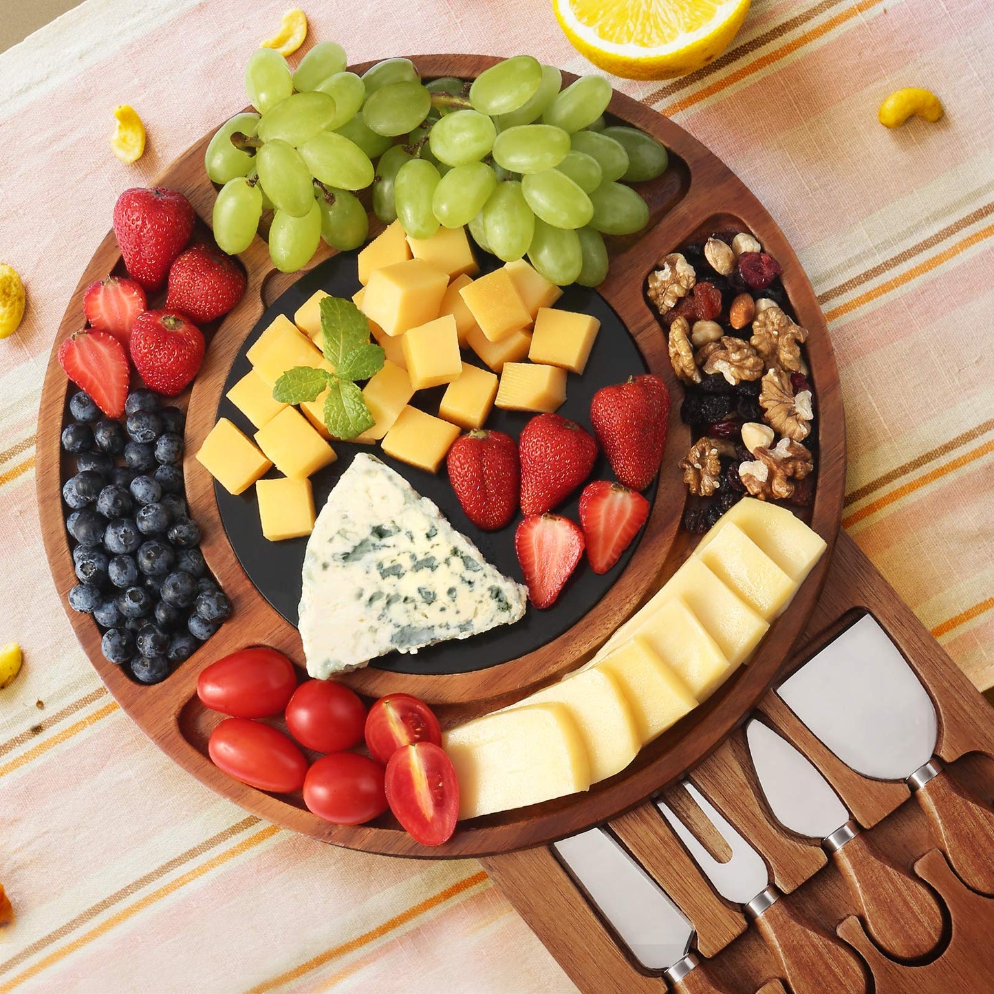 CTFT Cheese Board Set Charcuterie Boards Acacia Round Platter Serving Tray Charcuttery Meat Platter with Knife Set with Marble Plate Gifts for Mother’s Day Housewarming Christmas Wedding Anniversary