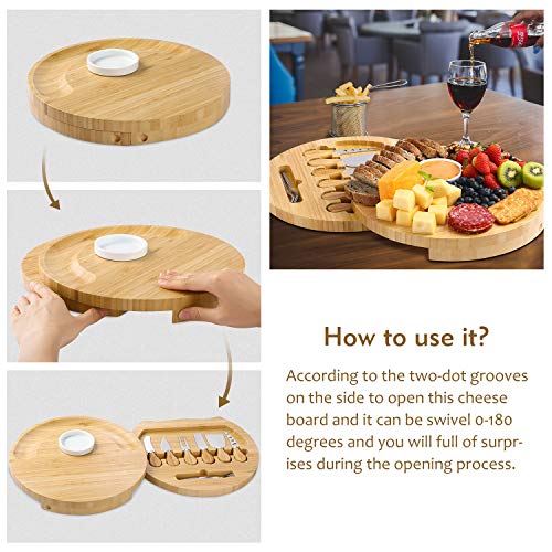 BOLTLINK Cheese Board and Knife Set, Bamboo Round Charcuterie Boards Swivel Meat Platter Personalized Tray with 6 Knives for Housewarming Christmas Thanksgiving Party Birthday Wedding Gifts