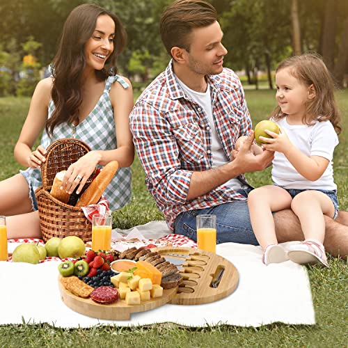 BOLTLINK Cheese Board and Knife Set, Bamboo Round Charcuterie Boards Swivel Meat Platter Personalized Tray with 6 Knives for Housewarming Christmas Thanksgiving Party Birthday Wedding Gifts
