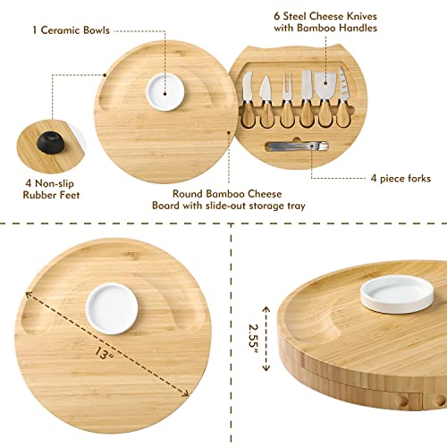 BOLTLINK Cheese Board and Knife Set, Bamboo Round Charcuterie Boards Swivel Meat Platter Personalized Tray with 6 Knives for Housewarming Christmas Thanksgiving Party Birthday Wedding Gifts