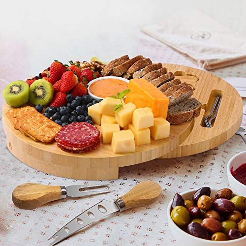 BOLTLINK Cheese Board and Knife Set, Bamboo Round Charcuterie Boards Swivel Meat Platter Personalized Tray with 6 Knives for Housewarming Christmas Thanksgiving Party Birthday Wedding Gifts