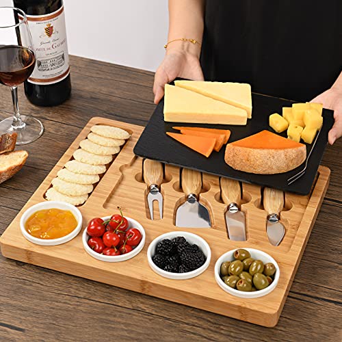 ABELL Bamboo Cheese Charcuterie Board and Knife Set with 4 Ceramic Bowls and Slate Inlay for Housewarming Party,Best Gifts for Christmas,Women,Bachelorette Party Gift