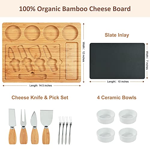 ABELL Bamboo Cheese Charcuterie Board and Knife Set with 4 Ceramic Bowls and Slate Inlay for Housewarming Party,Best Gifts for Christmas,Women,Bachelorette Party Gift