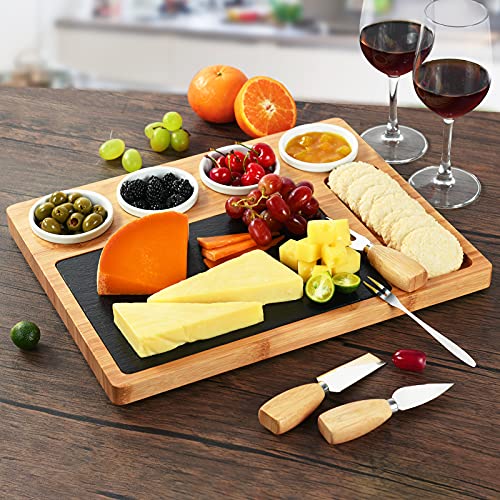 ABELL Bamboo Cheese Charcuterie Board and Knife Set with 4 Ceramic Bowls and Slate Inlay for Housewarming Party,Best Gifts for Christmas,Women,Bachelorette Party Gift