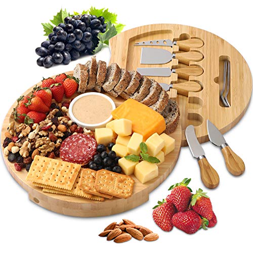BOLTLINK Cheese Board and Knife Set, Bamboo Round Charcuterie Boards Swivel Meat Platter Personalized Tray with 6 Knives for Housewarming Christmas Thanksgiving Party Birthday Wedding Gifts